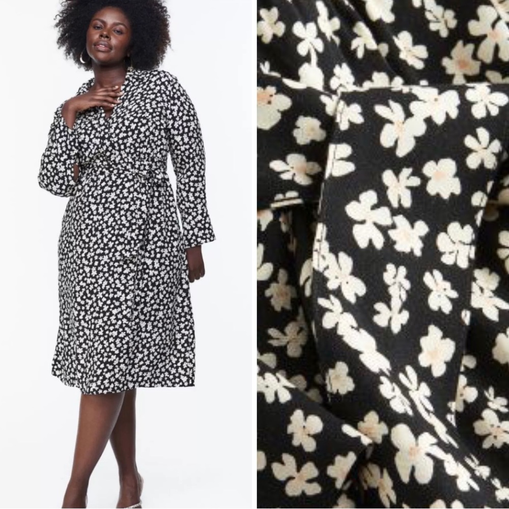 XXL Daisy Print Tie-Waist Shirt Dress H&M Black White Retro Inspired Frock NWT